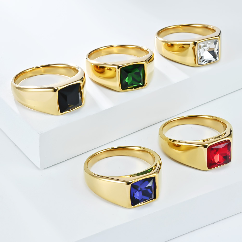 Mens Signet Ring - Cincin Stempel Permata Persegi Zirkon Berkilau