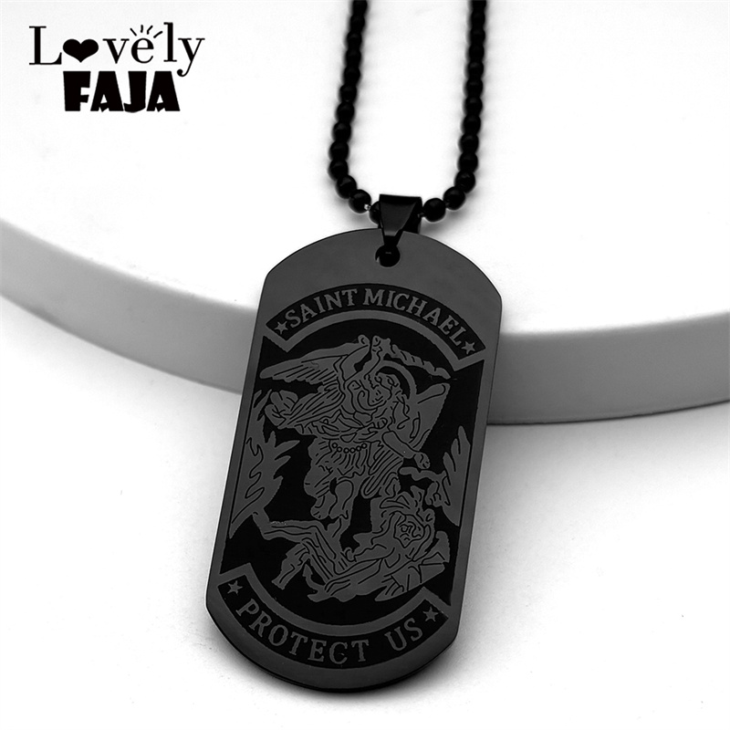 Mens Dog Tag Necklace - SAINT MICHAEL PROTECT US Archangel baja