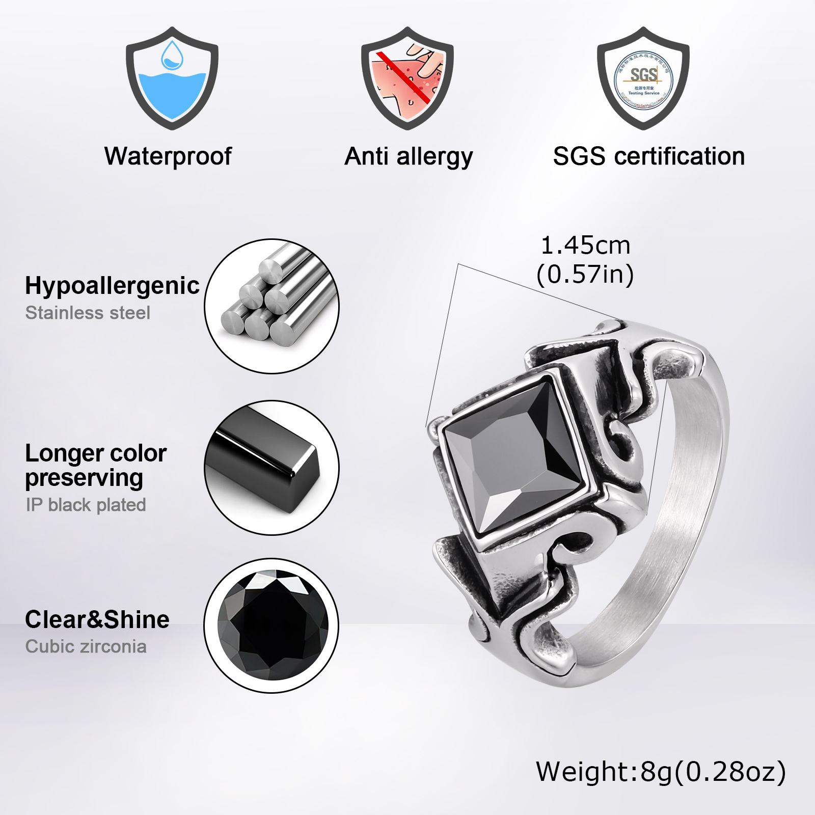Cincin Zirkon Hitam Vintage un - Mens Signet Ring ulasan dan harga